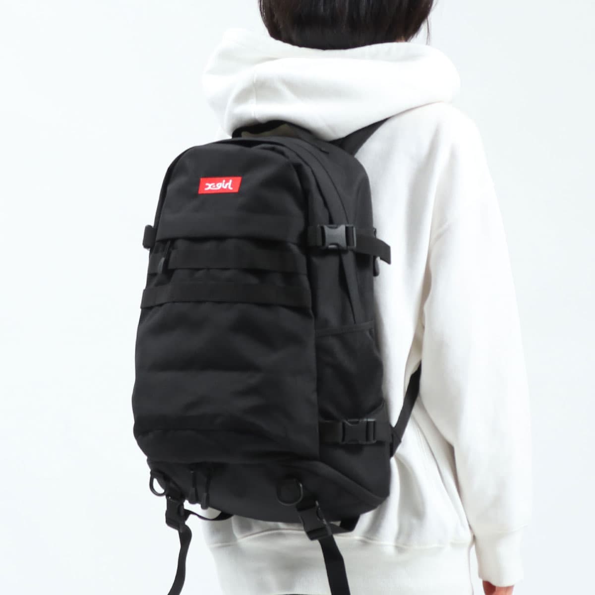 エックスガール バックパック リュック 大容量 約30L A4収納可能 PCポケット 通勤 通学 部活 塾 新生活 ブラック 人気ブランド  X-GIRL 通販 新作 | LOGO JACQUARD TAPE BACKPACK【105251053009】
